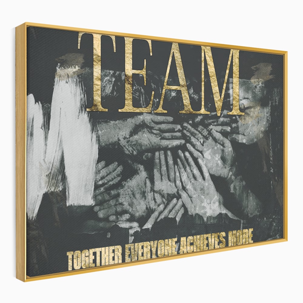 Tablou canvas cu tablou motivational cu maini si text, in rama de aluminiu auriu